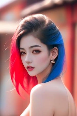 photorealistic,donghua,wuxia, cute girl, high resolution, wallpaper, soft light, red eye, 1women, solo, hips up, half body photo, shining skin, (detailed face), tattoo, dark, jewelry, medium breast, sexy, (rainbow color Hair, colorful hair, half blue and half red hair:1.2), on chinese traditional house, from below, casual style, nsfw, nude,selfie, showing boobs, 1 girl, REALISTIC,1girl,niji