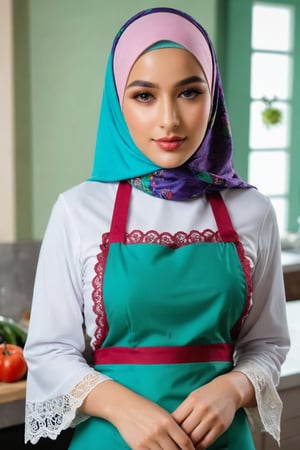 top-quality,Beautiful detailed hijabi,Bewitching face,long lashes,Wearing a colorful (naked_apron),Hide your mouth with a lace cloth,Detailed details,Colossal ,sideboobs,stares at the camera