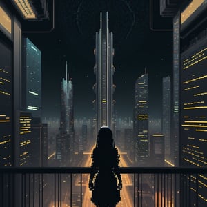 Girl with very long hair standing on the balcony, looking at cityspace below, back view, skyscrapers, sci-fi, futuristic city, traffic below, night, detailed pixel art, pixel-artwork,sci-fi_pixels