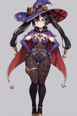 monadef,monarnd, 1woman, masterpiece, smug_smile , full_body, standing_up, looking at the viewer, black hair with pigtails, black stockings, violet_tight_corset, witches_hat, cape, yellow heels, tight_hips, big_ass,