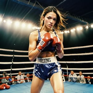 A female boxer delivers a powerful punch towards the camera, sending sweat flying in the air, in the Olympic boxing ring.
break, 
1 girl, Exquisitely perfect symmetric very gorgeous face, Exquisite delicate crystal clear skin, Detailed beautiful delicate eyes, perfect slim body shape, slender and beautiful fingers, legs, perfect hands, legs, illuminated by film grain, realistic style, realistic skin texture, dramatic lighting, soft lighting, exaggerated perspective of ((Wide-angle lens depth)), extreme detail description,