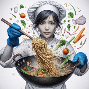 ((Realistic 8K resolution, RAW, extreme detail description)) hyperdetailed photorealistic pencil sketch of 1girl chef cooking stir fry on a wok. holding the wok by the handles with blue potholders and tossing noodles, vegetables, and cooking oil into the air. This is captured with high speed photography so the ingredients are frozen in time. The image is zoomed in on the chef, who is facing the camera. The noodles and vegetables are colored.
break, 
1girl, floating hair, Exquisitely perfect symmetric very gorgeous face, Exquisite delicate crystal clear skin, Detailed beautiful delicate eyes, perfect slim body shape, slender and beautiful fingers, legs, perfect hands, legs, illuminated by film grain, realistic style, realistic skin texture, dramatic lighting, soft lighting, exaggerated perspective of ((Wide-angle lens depth)),