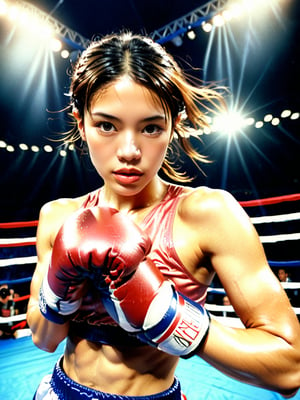 A female boxer delivers a powerful punch towards the camera, sending sweat flying in the air, in the Olympic boxing ring.
break, 
1 girl, Exquisitely perfect symmetric very gorgeous face, Exquisite delicate crystal clear skin, Detailed beautiful delicate eyes, perfect slim body shape, slender and beautiful fingers, legs, perfect hands, legs, illuminated by film grain, realistic style, realistic skin texture, dramatic lighting, soft lighting, exaggerated perspective of ((Wide-angle lens depth)), extreme detail description,