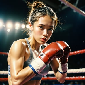 A female boxer delivers a powerful punch towards the camera, sending sweat flying in the air, in the Olympic boxing ring.
break, 
1 girl, Exquisitely perfect symmetric very gorgeous face, Exquisite delicate crystal clear skin, Detailed beautiful delicate eyes, perfect slim body shape, slender and beautiful fingers, legs, perfect hands, legs, illuminated by film grain, realistic style, realistic skin texture, dramatic lighting, soft lighting, exaggerated perspective of ((Wide-angle lens depth)), extreme detail description,