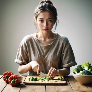 Realistic ultra resolution photography of a girl chopping vegetables on a wooden table,The entire table is visible facing the camera. The background is white and minimalistic, with no other objects present. The girl is focused on her task, with realistic lighting, high detail, and clarity.
break, 
1 girl, Exquisitely perfect symmetric very gorgeous face, Exquisite delicate crystal clear skin, Detailed beautiful delicate eyes, perfect slim body shape, slender and beautiful fingers, nice hands, perfect hands, illuminated by film grain, Stippling style, dramatic lighting, soft lighting, motion blur, exaggerated perspective of ((Wide-angle lens depth)),Enhanced All