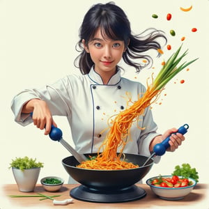 ((Realistic 8K resolution, RAW, extreme detail description)) hyperdetailed photorealistic pencil sketch of 1girl chef cooking stir fry on a wok. holding the wok by the handles with blue potholders and tossing noodles, vegetables, and cooking oil into the air. This is captured with high speed photography so the ingredients are frozen in time. The image is zoomed in on the chef, who is facing the camera. The noodles and vegetables are colored.
break, 
1girl, floating hair, Exquisitely perfect symmetric very gorgeous face, Exquisite delicate crystal clear skin, Detailed beautiful delicate eyes, perfect slim body shape, slender and beautiful fingers, legs, perfect hands, legs, illuminated by film grain, realistic style, realistic skin texture, dramatic lighting, soft lighting, exaggerated perspective of ((Wide-angle lens depth)),