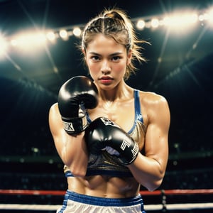 A female boxer delivers a powerful punch towards the camera, sending sweat flying in the air, in the Olympic boxing ring.
break, 
1 girl, Exquisitely perfect symmetric very gorgeous face, Exquisite delicate crystal clear skin, Detailed beautiful delicate eyes, perfect slim body shape, slender and beautiful fingers, legs, perfect hands, legs, illuminated by film grain, realistic style, realistic skin texture, dramatic lighting, soft lighting, exaggerated perspective of ((Wide-angle lens depth)), extreme detail description,