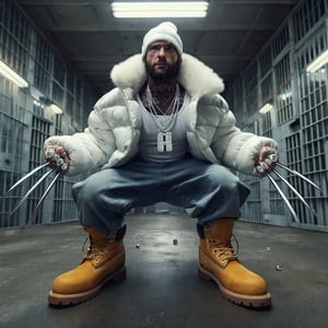 ((Realistic 8K resolution, RAW, extreme detail description)) photography of Wolverine wearing baggy  white jeans, Timberland boots, a big white puff jacket, diamonds on the  knives in his fingers, and a white baseball cap turned backwards while posing for prison photo, displaying exaggerated posture and movement.
break, 
illuminated by film grain, realistic style, realistic skin texture, dramatic lighting, soft lighting, exaggerated perspective of ((Wide-angle lens depth)),