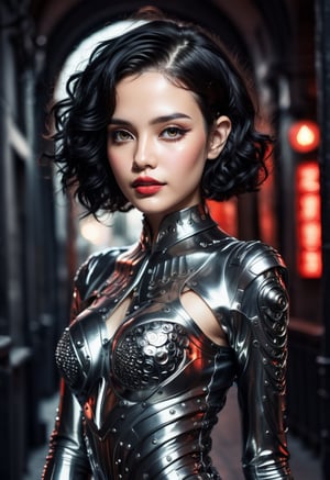 Realistic 16K resolution photography of A full body shot of a young goth woman, short black curly hair, slightly smiling, one raised eyebrow, wearing a black metal cyborg suit , red lips, dark eye makeup, mega city behind her, dark theme, night time,
break, 
1 girl, Exquisitely perfect symmetric very gorgeous face, Exquisite delicate crystal clear skin, Detailed beautiful delicate eyes, perfect slim body shape, slender and beautiful fingers, nice hands, perfect hands, illuminated by film grain, Stippling style, dramatic lighting, soft lighting, motion blur, exaggerated perspective of ((Wide-angle lens depth)),Enhanced All