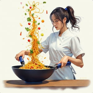 ((Realistic 8K resolution, RAW, extreme detail description)) hyperdetailed photorealistic pencil sketch of 1girl chef cooking stir fry on a wok. holding the wok by the handles with blue potholders and tossing noodles, vegetables, and cooking oil into the air. This is captured with high speed photography so the ingredients are frozen in time. The image is zoomed in on the chef, who is facing the camera. The noodles and vegetables are colored.
break, 
1girl, floating hair, Exquisitely perfect symmetric very gorgeous face, Exquisite delicate crystal clear skin, Detailed beautiful delicate eyes, perfect slim body shape, slender and beautiful fingers, legs, perfect hands, legs, illuminated by film grain, realistic style, realistic skin texture, dramatic lighting, soft lighting, exaggerated perspective of ((Wide-angle lens depth)),