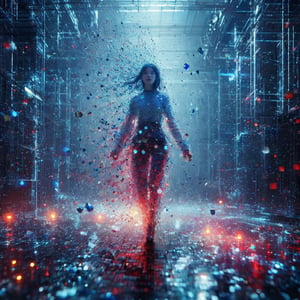 Realistic 16K resolution blue-red tone photography of 1 girl created by made of clear crystal colorful dotted particles with a mesmerizing digital or pixelated effect, walking into ice mega building, with shattered ice debris vortexing and floating into shade around her,
break,
1 girl, Exquisitely perfect symmetric very gorgeous face, Exquisite delicate crystal clear skin, Detailed beautiful delicate eyes, perfect slim body shape, slender and beautiful fingers, nice hands, perfect hands, illuminated by film grain, Stippling style, dramatic lighting, soft lighting, motion blur, exaggerated perspective of ((Wide-angle lens depth)),