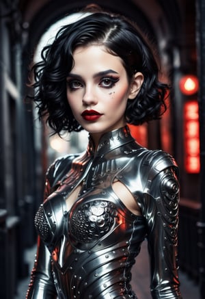 Realistic 16K resolution photography of A full body shot of a young goth woman, short black curly hair, slightly smiling, one raised eyebrow, wearing a black metal cyborg suit , red lips, dark eye makeup, mega city behind her, dark theme, night time,
break, 
1 girl, Exquisitely perfect symmetric very gorgeous face, Exquisite delicate crystal clear skin, Detailed beautiful delicate eyes, perfect slim body shape, slender and beautiful fingers, nice hands, perfect hands, illuminated by film grain, Stippling style, dramatic lighting, soft lighting, motion blur, exaggerated perspective of ((Wide-angle lens depth)),Enhanced All