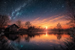 Wooden cabin in the midle of Lake,((vibrant sunset with stars visible)), golden rays , water reflection, breeze atmosphere, magnificent view, serene forest around, maple leaves floating , perfect composition, perfect light, profesional shot, canon 5d mark iv 75mm lens f2.8, dark to light, 8k unity wallpaper ,high_res ((high contrast)) ((galaxy sky)) 