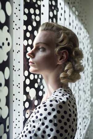 girl looks out of a window, in the style of conceptual light sculptures, polka dots, imaginative prison scenes, fashion photography, opaque resin panels, luminous shadows, close-up