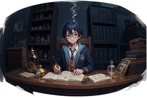hogrobe, ravenclaw , young, young_boy, 12yo , white_shirt , blue_tie, striped_tie , blue_hair, dark_blue_hair, short_hair, light_blue_eyes, sitting on desk, smoking potion flask, steampunk glasses on top of head, complex_background, underground laboratory, light smile, confident look