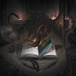 1book, special book, book on table, black book , silver corners, open book, magic aura, book with dark magic aura, dark energy, evil aura , green aura ,  tentacles, purple tentacle, tentacle out of book, center of book
