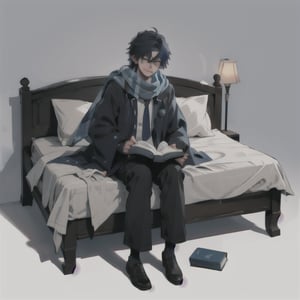 1boy, dark_blue_hair , blue_hair, light_blue_eyes, full_body, smile, hogrobe, ravenclaw, blue tie, blue scarf, hogscarf , black robe , high_res, basic_background , white_shirt, sitting on bed , dearing a book