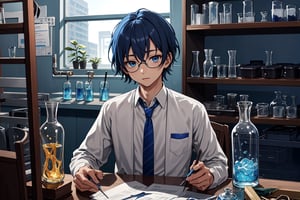hogrobe, ravenclaw , young, young_boy, 12yo , white_shirt , blue_tie, striped_tie , blue_hair, dark_blue_hair, short_hair, light_blue_eyes, sitting on desk, holding a silver potion plask, swiming glasses, complex_background, laboratory