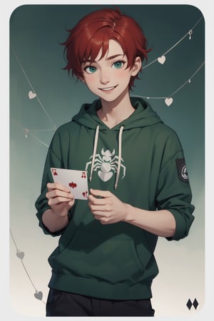 boy, Green eyes, short red hair, pale_skin, dark green hoodie with a spider symbol, confident smiling, masterpiece, holding a card deck
