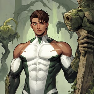 Young man, brown short hair, tanned skin, green eyes, tall, strong, large shoulders, bulky, white and green body suit