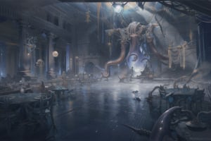 masterpiece, scenery, ball_room, party , long tables, viking tables, banquet, huge room, fancy room, room full of tentacles, tentacles on the ceiling, tentacles on the walls, dark room, no_humans, magic aura, dark energy, dark magic aura, evil aura , tentacles , purple tentacle, ,no_humans