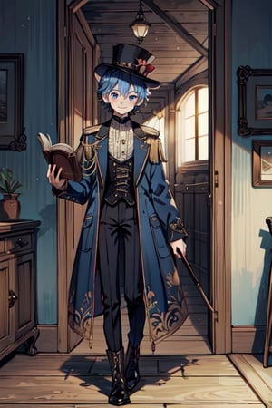 full body, full_body, masterpiece boy, sole_male, 1boy, teen boy, teenager, 12 year old, solo_boy, early_young, young, young_boy, dark_blue_hair, blue_hair, light_blue_eyes, smile, top hat, topper, fancy clothes, corset, blue coat, tailcoat, high lether boots, happy look, light smile, victorian style, holding book, opened book, holding open book, walking cane, wood cane, Complex_background, under doorframe, big_doorframe, double_door, fancy place, beautiful place, tentacles out of book, book with tentacles, tentacles , tentacle
