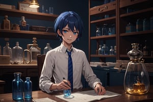 hogrobe, ravenclaw , young, young_boy, 12yo , white_shirt , stained shirt, dirty shirt, blue_tie, striped_tie , blue_hair, dark_blue_hair, short_hair, light_blue_eyes, sitting on desk, smoking potion flasks, Steampunk glass, complex_background, laboratory, stone wall, light smile, confident look