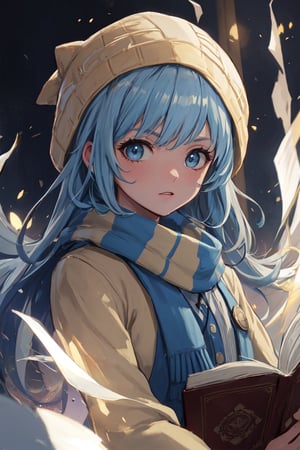 upper_body, masterpiece girl, sole_female, tall girl , magic wand, holdin a wand , floating opened book,  young adult , long waved hair, light blue hair with dark highlights , light_blue_eyes, horizontal line scar on cheek , blue and yellow beanie , serious look, hogrobe, ravenclaw, hogscarf, white striped scarf