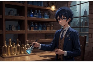 hogrobe, ravenclaw , young, young_boy, 12yo , white_shirt ,  blue_tie, striped_tie , blue_hair, messy hair, dark_blue_hair, short_hair, light_blue_eyes, bent on workbench, looking at a potion erlenmeyer, smoking potion flasks, Steampunk flasks, complex_background, steampunk laboratory, night time, stone wall, confident look, serious look