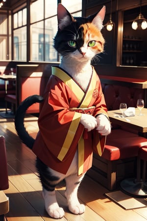 furry, cat, calico, standing straight, green eyes, correct_anatomy, animal anatomy, full_body, realistic, realistic lighting, restaurant on the background, very detailed fur, beautiful eyes, masterpiece, 4K resolution, digital_art, realistic shadows, french fries in the paws, one long tail, connected tail to the body, colorful, red kimono, cat paws, cat head, cat tail