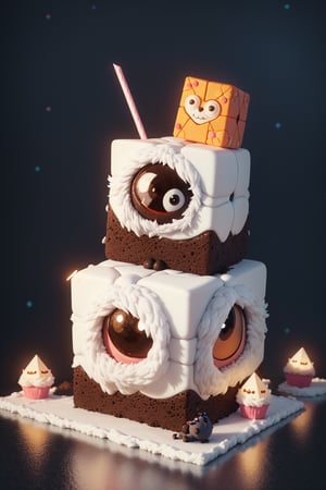 ((cute fluffy cube creature)), two legs, furry legs, two eyes, smile, funny creature, cake on the background, cake with candles, cartoony creature, pixar style, stylized, unreal engine 5, 3D, masterpiece, realistic shadows