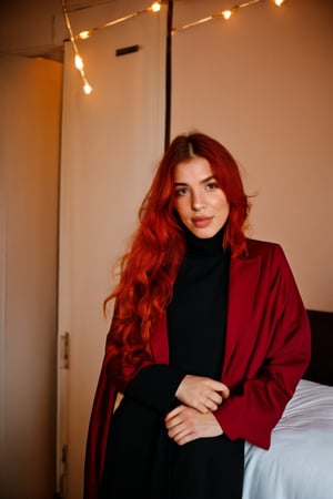 100mm lens, beautiful Israeli girl with red hair, wearing a head scarf, wearing a abaya jacket , flash photography, bedroom background