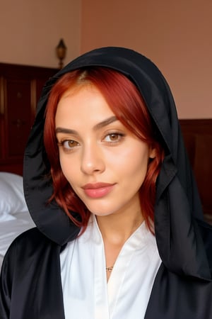 100mm lens, beautiful Israeli girl with red hair, wearing a head scarf, wearing a abaya jacket , flash photography, bedroom background 