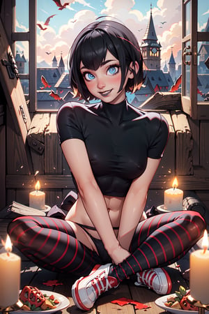 beautiful girl as mavis dracula, shy , fangs ,  corner smile , (pale skin) ,  blushing , full body, sitting on a cuffin, , (curvy body), (small breasts:1.3) ,  (thick legs) , (black lipstick ) , (defined body), (black shirt) , (transparent shirt)  , nsfw    , (red sneakers allstar) , (red and black striped stockings) , (fishnet arms), ,  pile of skulls, candles , highly detailed light blue eyes, old castle background, extremely detailed, center image, bright sides , masterpiece