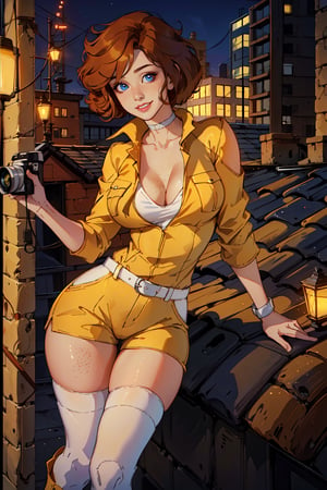 April O'neil, 1girl, short brown hair, blue eyes, (smile) , upper body, (freckes) ,  (cleavage) , (pale sking)  , oily skin, yellow jumpsuit, (white choker) , detailed white boots , (medium breasts:0.7) , (curvy body) , (thick thighs:0.5) , yellow stockings ,  sleeves rolled up, white belt , cameltoe, (yellow thigh shorts) ,  (high res) ,(masterpiece:1,2) , (best quality) , (roof of building) , (night city scene)  ,(athletic body ) ,  (city lights background:1.2) , (RAW photo, photorealistic:1.4), (little turtles around) ,  absurdres  , (holding a camera) , SAM YANG