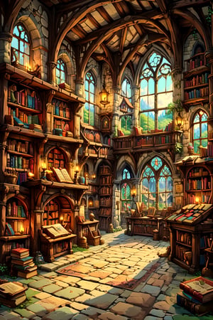 A charming and idyllic fairytale painting, showcasing a medieval bookstore interior, fairytale, 4K UHD,2d game scene