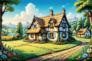 A charming and idyllic fairytale painting, representing a beautiful cottage, set against a lovely cottage background, fairytale, 4K UHD,rivghn style,comic book