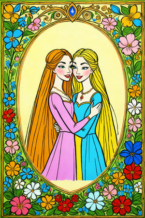 A beautiful classical Disney hand-drawn painting showcasing the interior of a large medieval castle garden in which two beautiful women are seen embracing each other in love and affection, lush floral decorations, colourful and vibrant design, Sleeping Beauty 1959 art design, in the style of classic Disney animation, hand drawn art, close-up image, 4K UHD,rivghn style