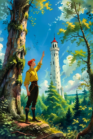 A young man in a yellow and black doublet stands in a forest, gazing up at a tall white tower with a red roof. He looks up in awe, his hand outstretched as if reaching for something. The tower is surrounded by lush greenery and a twisting, gnarled tree branch. The sky is a soft blue with white clouds. Classical fantasy storybook illustration, in the style of Arthur Rackham, with a touch of Gustav Doré.]soft, diffused light, warm colors, textured brushstrokes, 4K UHD