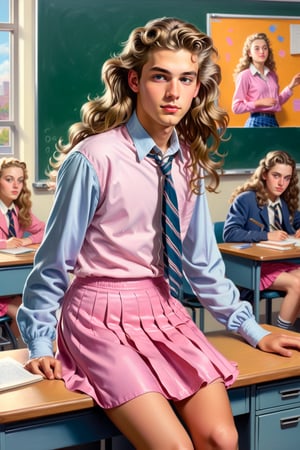 A detailed wide-scale painting showcasing a beautiful young androgynous male with long locks of flowing wavy hair, sitting on top of his desk in an American high school classroom, wearing a pink mini-skirt, illustration, 1male, pink mini-skirt, 4K UHD,Vintage American illustration's 