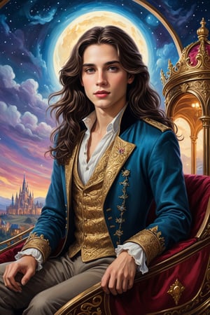 A painting of a beautiful young androgynous prince with long lustrous and silky wavy dark brown hair and a rounded delicate face, riding inside a royal carriage, through a magestic kingdom and a vibrant night sky visible through the carriage's window, 4K UHD