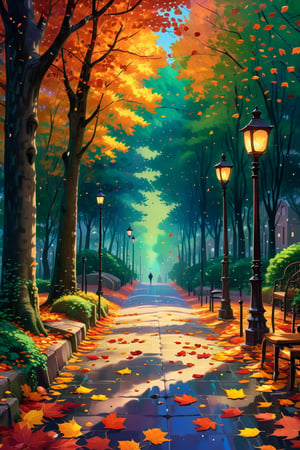 A cobblestone street lined with lampposts and trees in vibrant autumn colors, leaves falling from trees and the street wet from recent rain, reflecting the colors of the sky and the leaves, quiet and peaceful sence with sense of melancholy beauty, anime-style illustration, with touch of Studio Ghibli, vibrant colors, and a soft, dreamy feel, wide-angle lens, shallow depth of field, soft lighting, warm colors, smooth painterly texture, lush green background and building, 4K UHD