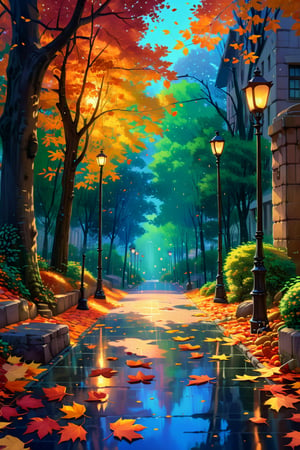 A cobblestone street lined with lampposts and trees in vibrant autumn colors, leaves falling from trees and the street wet from recent rain, reflecting the colors of the sky and the leaves, quiet and peaceful sence with sense of melancholy beauty, anime-style illustration, with touch of Studio Ghibli, vibrant colors, and a soft, dreamy feel, wide-angle lens, shallow depth of field, soft lighting, warm colors, smooth painterly texture, lush green background and building, 4K UHD