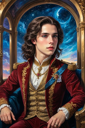 A painting of a beautiful young androgynous prince with long lustrous wavy dark brown hair and a rounded face, riding inside a royal carriage, through a magestic kingdom, vibrant night sky visible through the window, 4K UHD