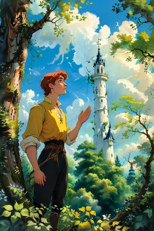 A beautiful androgynous long-haired young man in a yellow and black doublet stands in a forest, gazing up at a tall white tower with a red roof. He looks up in awe, his hand outstretched as if reaching for something. The tower is surrounded by lush greenery and a twisting, gnarled tree branch. The sky is a soft blue with white clouds. Classical fantasy storybook illustration, in the style of Arthur Rackham, with a touch of Gustav Doré.]soft, diffused light, warm colors, textured brushstrokes, 4K UHD