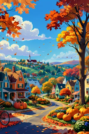 A charming, colorful illustration of a quaint village scene, an idyllic autumn day in a whimsical style reminiscent of children's book illustrations, a cluster of colorful buildings formed along a street in the foreground decorated with pumpkins, flower boxes, and autumn garlands, street lined with trees in fall colors and parked bicycles, background shows rolling hills with farmland, orchards, ponds, and more houses scattered about, landscape is painted in warm autumnal hues of orange, yellow, and brown, scene framed by fall foliage, with leaves falling around the edges of the image, 4K UHD