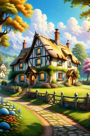 A charming and idyllic fairytale painting, representing a beautiful cottage, set against a lovely cottage background, fairytale, 4K UHD