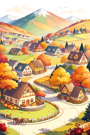 A charming, colorful illustration of a quaint village scene, an idyllic autumn day in a whimsical style reminiscent of children's book illustrations, a cluster of colorful buildings formed along a street in the foreground decorated with pumpkins, flower boxes, and autumn garlands, street lined with trees in fall colors and parked bicycles, background shows rolling hills with farmland, orchards, ponds, and more houses scattered about, landscape is painted in warm autumnal hues of orange, yellow, and brown, scene framed by fall foliage, with leaves falling around the edges of the image, 4K UHD