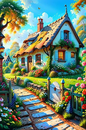 A charming and idyllic fairytale painting, representing a beautiful cottage, set against a lovely cottage background, fairytale, 4K UHD