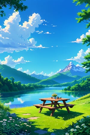 A picnic table set for four sits on a grassy knoll overlooking a tranquil lake. The water is a vibrant blue, reflecting the clear sky above. The mountains in the background are a hazy green, with a few white clouds floating by. The scene is bathed in warm sunlight, creating a sense of peace and tranquility. Anime-style landscape, with a touch of Studio Ghibli, vibrant colors, and a soft, dreamy feel. Wide-angle lens, shallow depth of field, soft lighting, bright colors, a smooth, painterly texture, and a background of lush greenery and mountains. 4K UHD